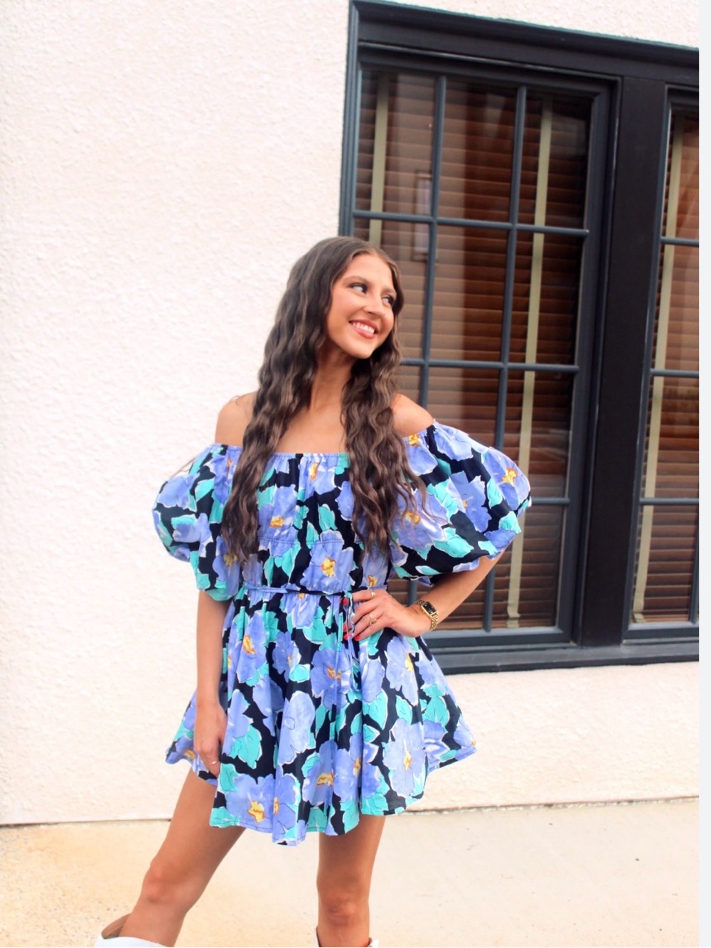 Floral Off-Shoulder Puff Sleeve Mini Dress - Blue